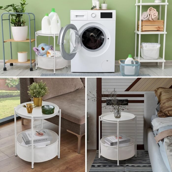 Round Side Table, White End Table with Storage Basket, Metal Night Stand with Re... - Image 6