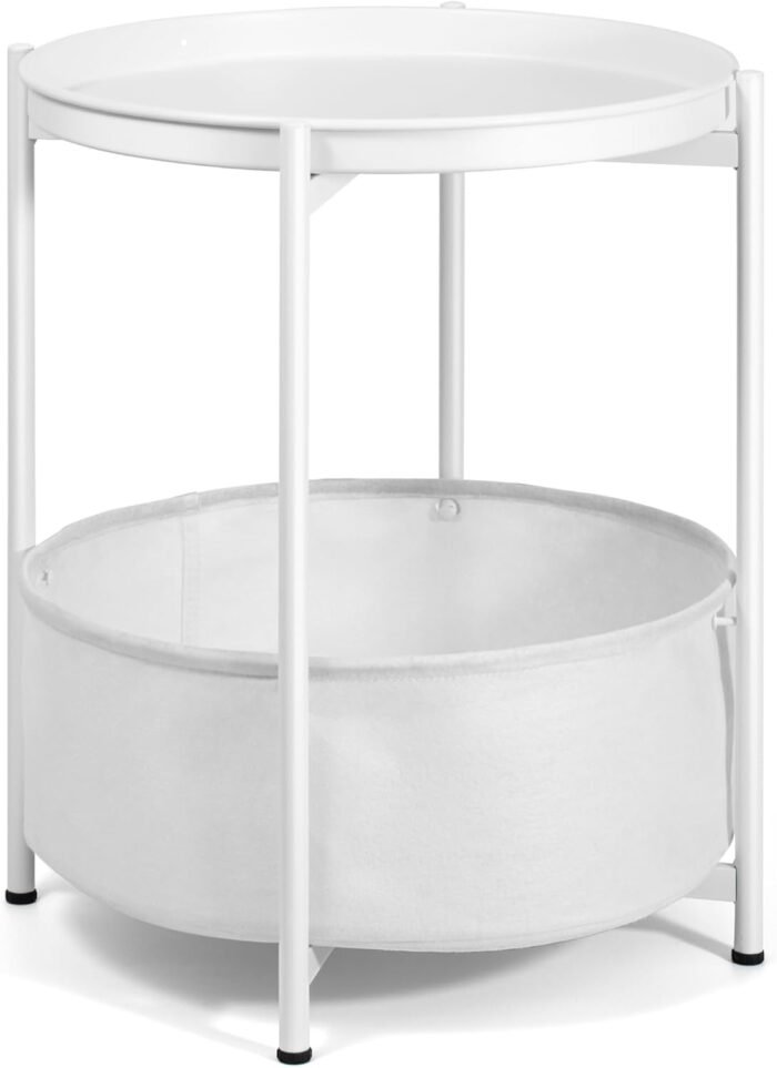 Round Side Table, White End Table with Storage Basket, Metal Night Stand with Re... - Image 7