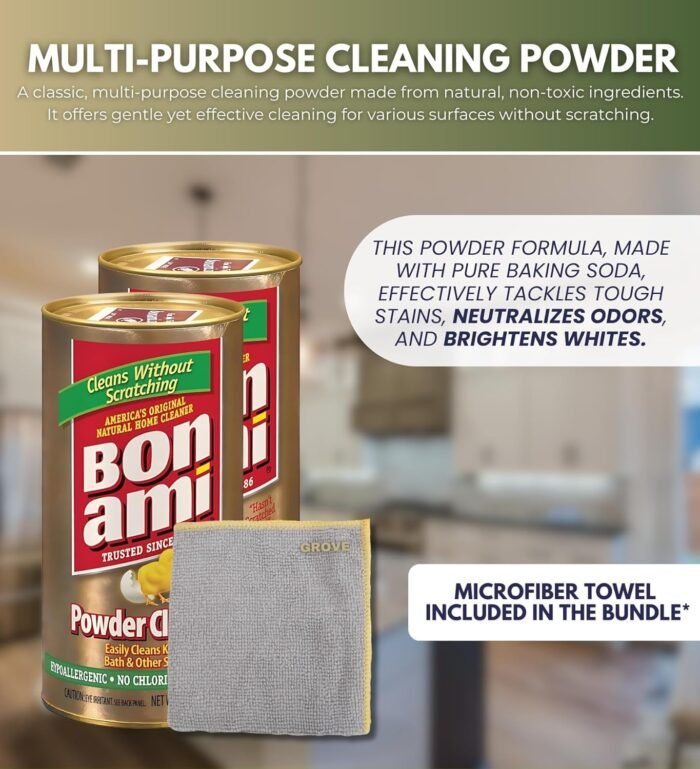 Bon Ami Powder Cleaner 14 oz Bundle with Microfiber Cloth - Scratch-Free Powder ... - Image 5