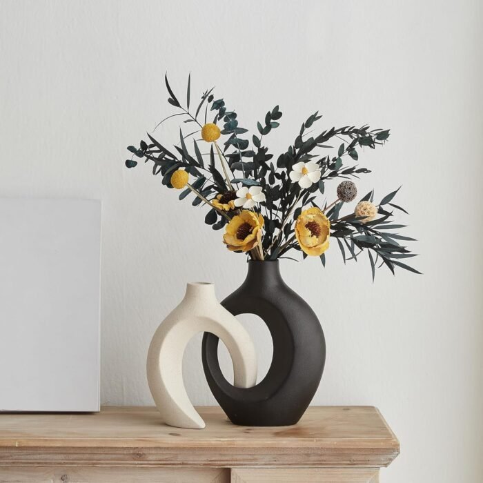 Black and White Ceramic Vases Set of 2 for Home Decor Modern Boho Donut Flower V... - Image 4