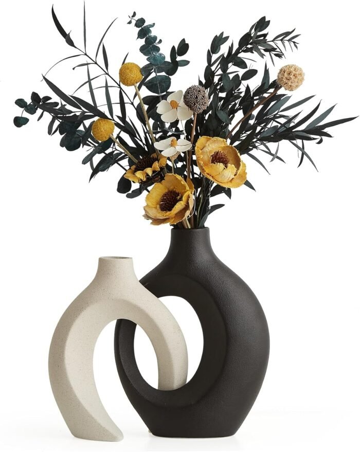 Black and White Ceramic Vases Set of 2 for Home Decor Modern Boho Donut Flower V... - Image 9
