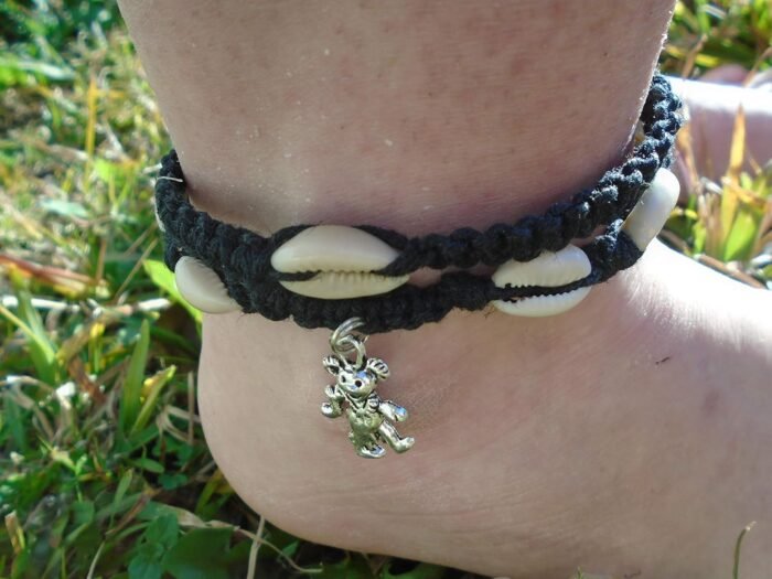 Hemp Anklet with Shell Adjustable Tie On (Single Cowrie on Black) - Image 3