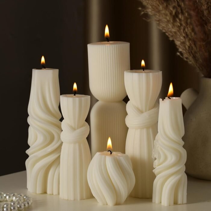 6 Pcs Pillar Candles Modern Aesthetic Ribbed Decorative Candle Set Cute Soy Wax ... - Image 2