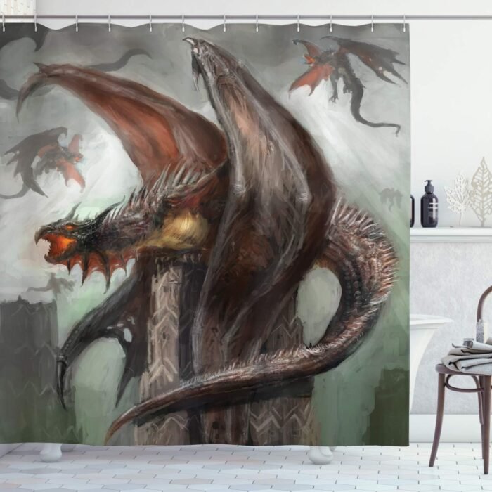 Ambesonne Fantasy World Shower Curtain, Dragons in Dark Sky Reptilian Serpent Be... - Image 2