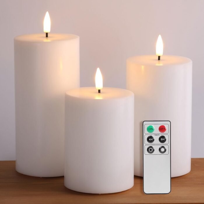 Eywamage White Real Wax Flameless Pillar Candles with Remote, Flickering Flat To... - Image 2