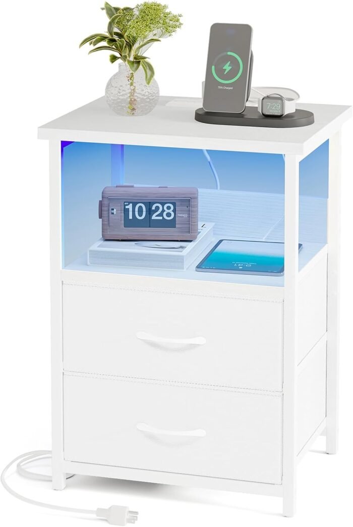 Fixwal Night Stand with Charging Station, LED Nightstand with U-S-B Ports and Ou... - Image 2
