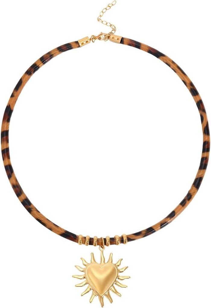 Gold Heart Necklace For Women Sun Pendant Statement Y2k Cheetah Vintage Chunky N... - Image 2