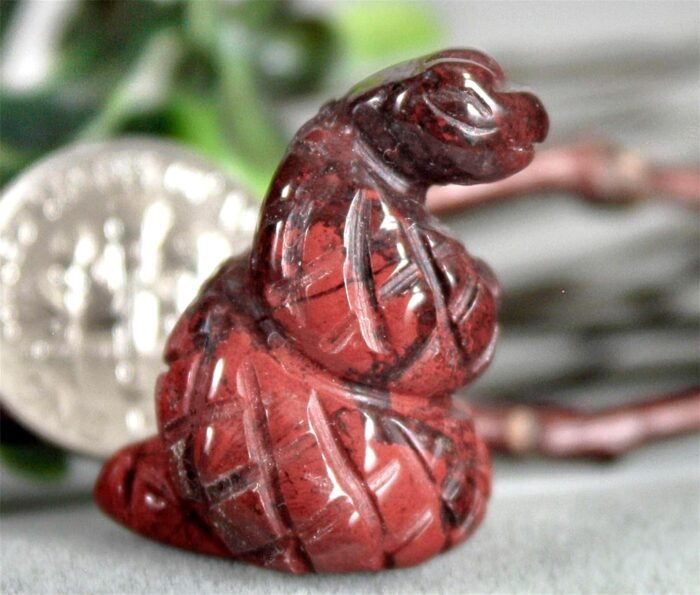 Red Serpent Snake Healing Totem Rainbow Jasper Gemstone Fetish Figurine Bead 916... - Image 2