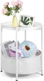 Round Side Table, White End Table with Storage Basket, Metal Night Stand with Re... - Image 2