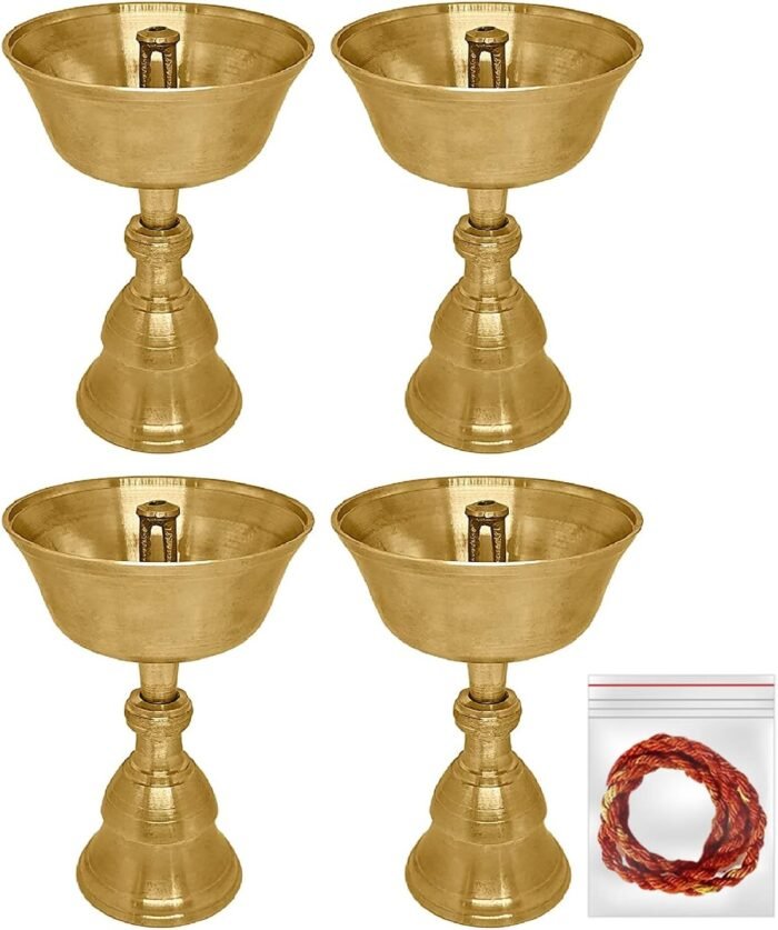 Satvik 4 Pc Set of Pure Brass Diya for Pooja Tibetan Buddhist Altar Supplies Ind... - Image 2