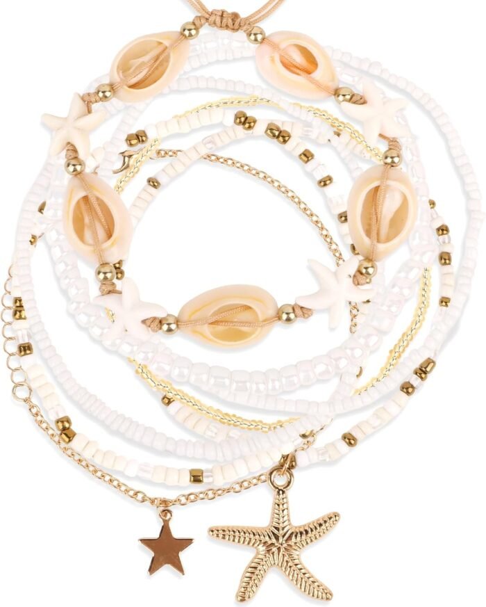 Shell Anklets for Women, Beaded Ankle Bracelets Set Cowrie Seashell Pearl Starfi... - Image 2