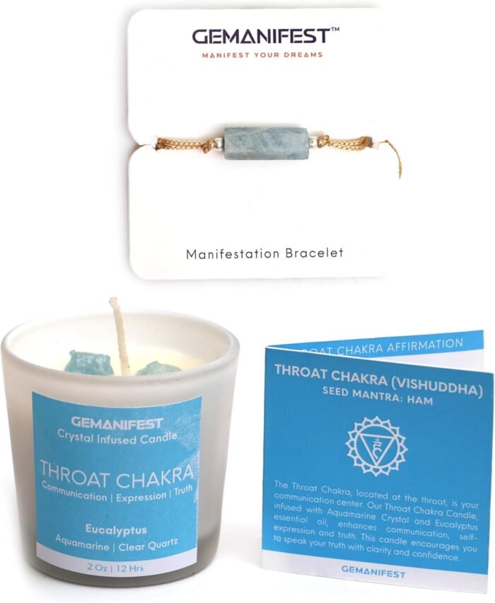 Throat Chakra Candle with Healing Crystals and Aquamarine Bracelet Eucalyptus Ca... - Image 2