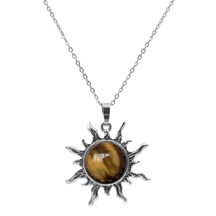 Tiger Eye Necklace, Natural Tiger Eye Stone Sun Pendant Necklace, Handmade Heali... - Image 2
