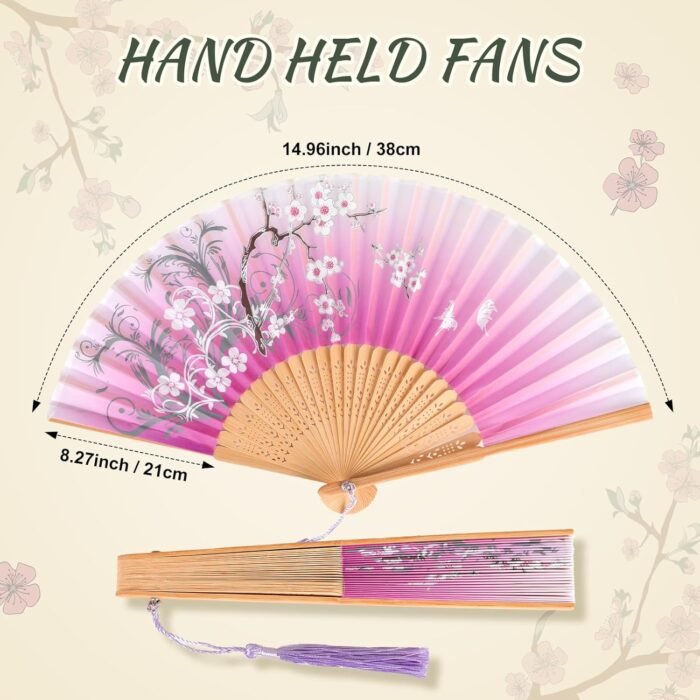 Zonon 4 Pack Handheld Floral Folding Fans Hand Held Silk Bamboo Fans with Tassel... - Image 3