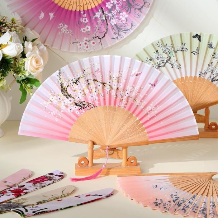 Zonon 4 Pack Handheld Floral Folding Fans Hand Held Silk Bamboo Fans with Tassel... - Image 5