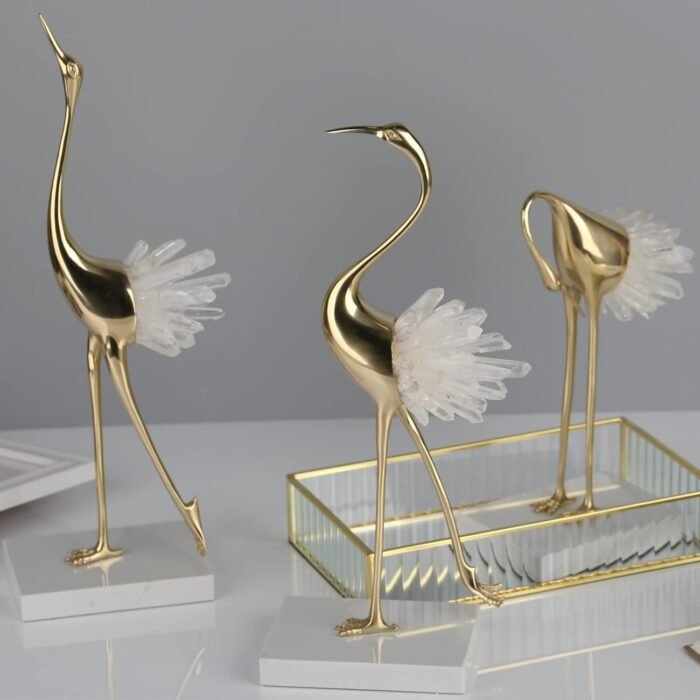 suruim Elegant Gold Crane Bird Statues with Crystal Tail Accents, Decorative Bra... - Image 4