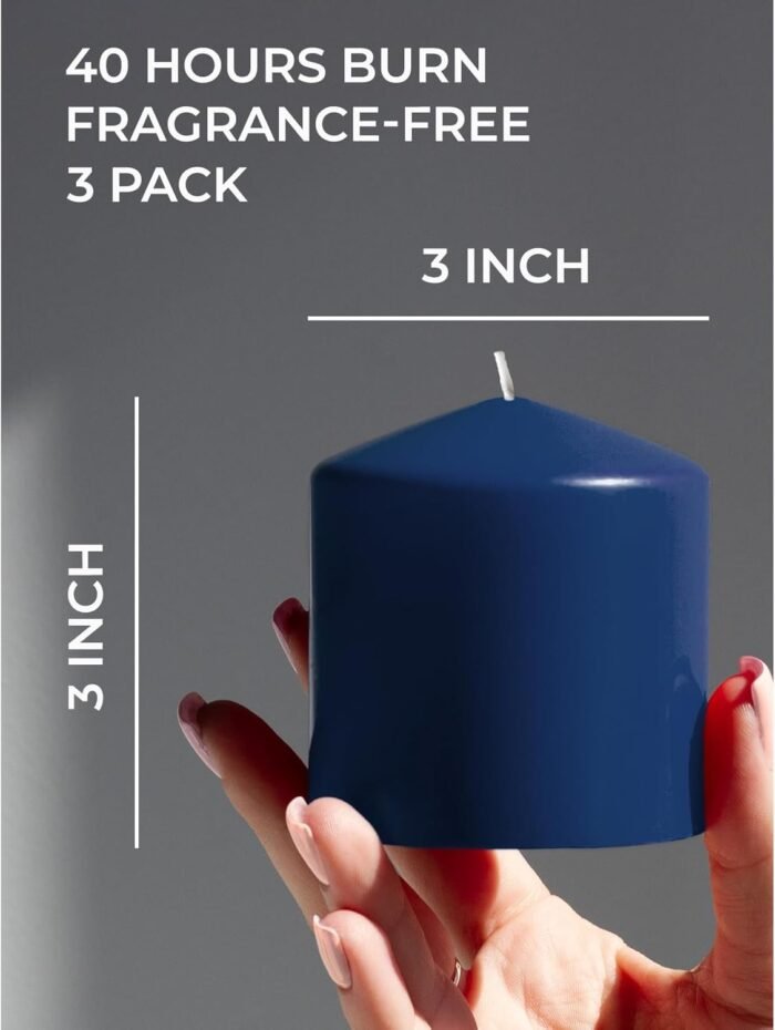 Candwax 3x3 Pillar Candles Set of 3 - Navy Blue Candles Pillar - 40-Hour Burn Ti... - Image 3