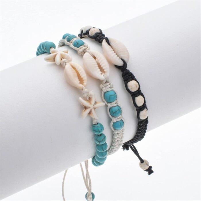 COLORFUL BLING Natural Cowrie Shell Turquoise Beaded Adjustable Bracelet Starfis... - Image 3