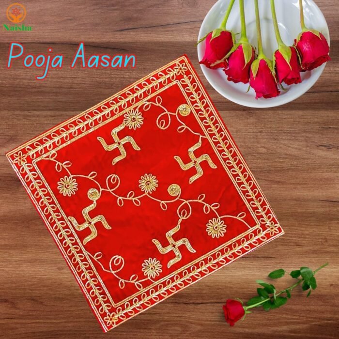 NAISHA Red Pooja Aasan Mat (Set of 2) 15" X 15" Velvet Puja/Altar Cloth Mandir, ... - Image 7