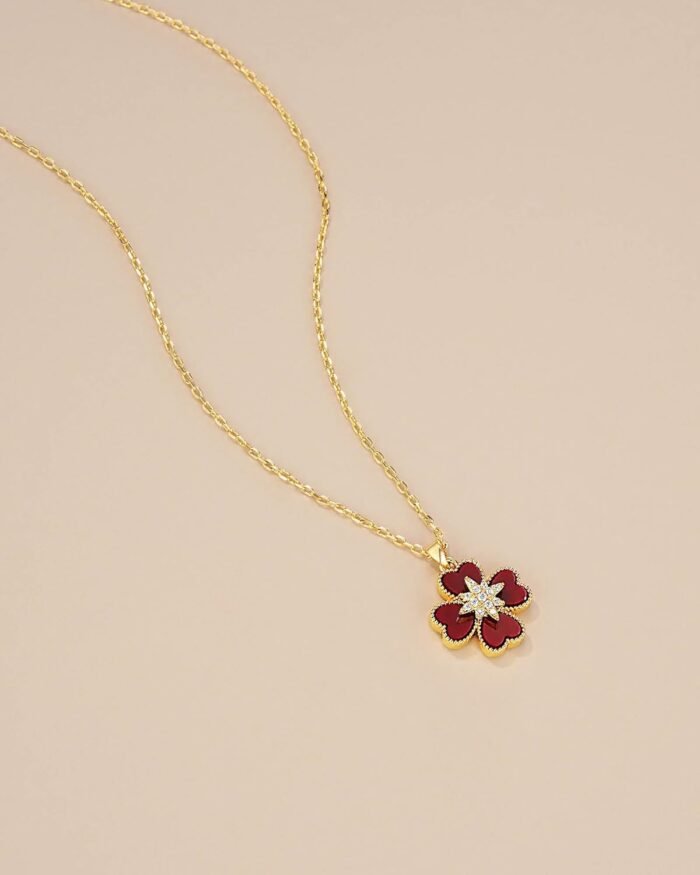 18K Gold Plated Red Maroon Heart Floral CZ Stacked Enamel Pendant Necklace for W... - Image 4