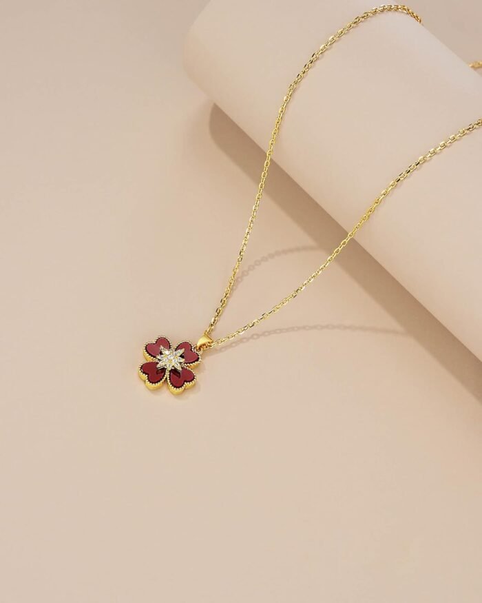 18K Gold Plated Red Maroon Heart Floral CZ Stacked Enamel Pendant Necklace for W... - Image 6