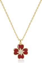 18K Gold Plated Red Maroon Heart Floral CZ Stacked Enamel Pendant Necklace for W... - Image 2