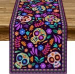 Dia De Los Muertos Table Runner Cinco de Mayo Rustic Linen Mexican Sugar Skull D... - Image 2