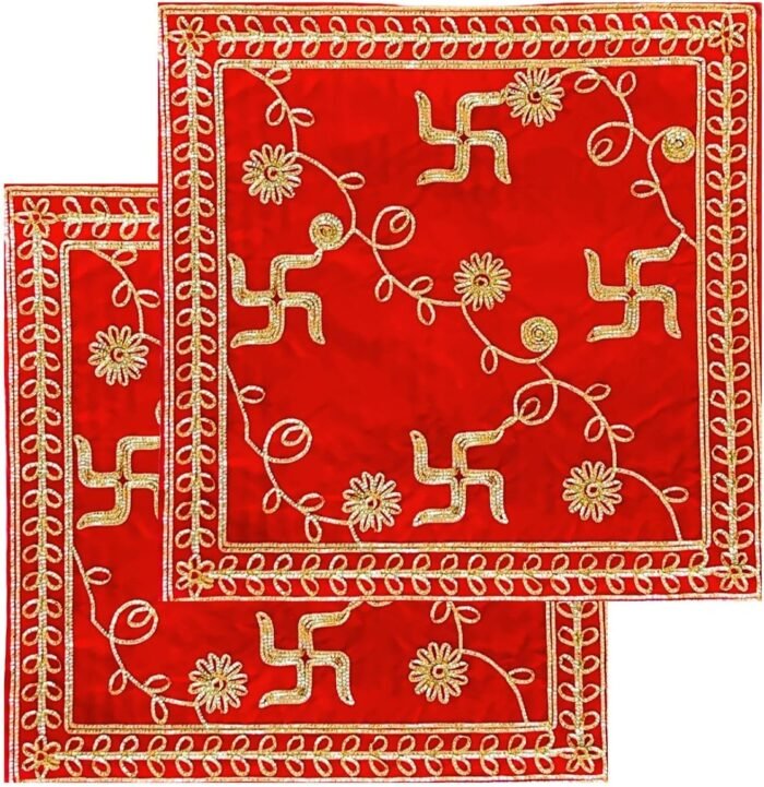 NAISHA Red Pooja Aasan Mat (Set of 2) 15" X 15" Velvet Puja/Altar Cloth Mandir, ... - Image 2