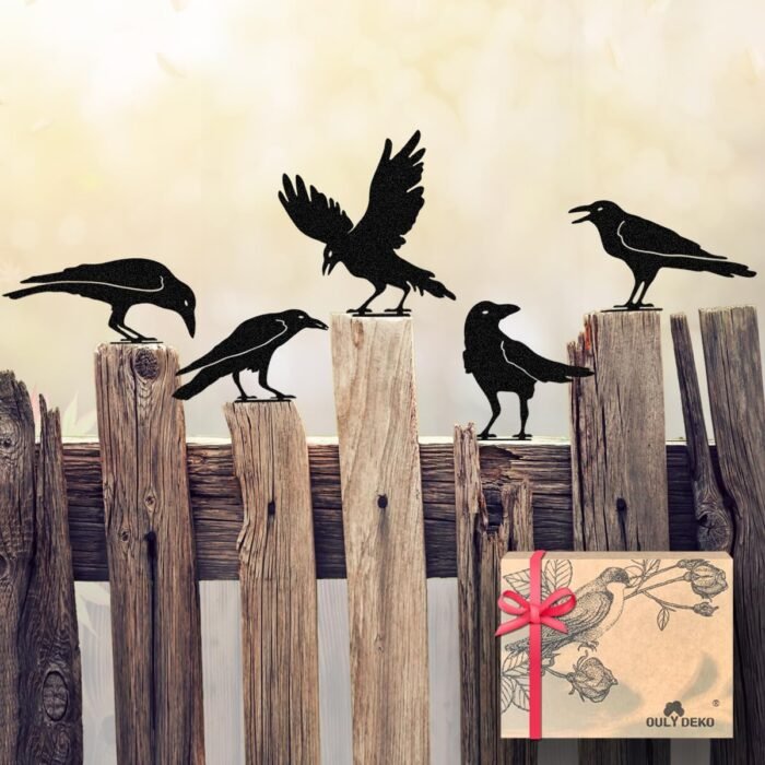 Raven Decor,Metal Birds Black Bird Crow Statue,Raven Statue Fence Topper Fake Cr... - Image 2