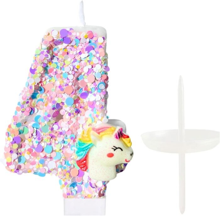 Unicorn Birthday Number Candles for Cake, Pink Number 4 Candle, Fun Glitter Unic... - Image 2