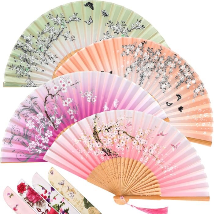 Zonon 4 Pack Handheld Floral Folding Fans Hand Held Silk Bamboo Fans with Tassel... - Image 2
