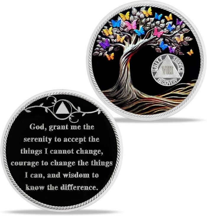 8 Year Sobriety Chip Coin Gift l Tree of Life Butterfly AA Medallion with Sereni... - Image 4