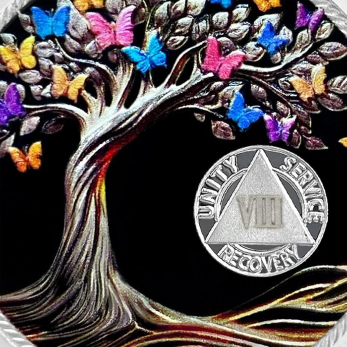8 Year Sobriety Chip Coin Gift l Tree of Life Butterfly AA Medallion with Sereni... - Image 6