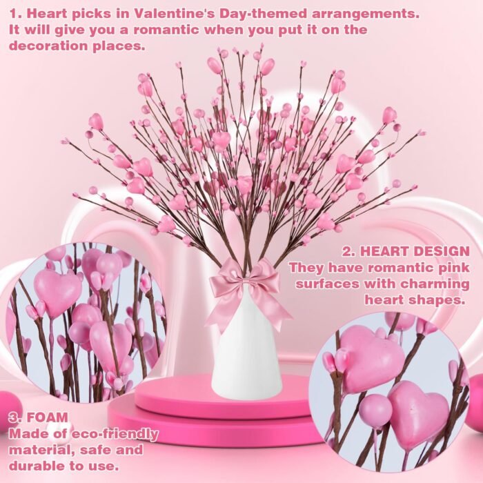 6 Pcs Valentine’s Day Gifts, Artificial Berry Flower Stems with Pink Heart Shape... - Image 4