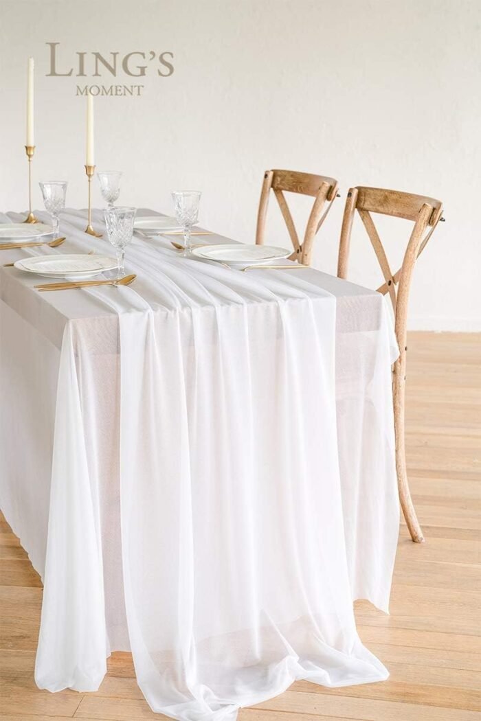 Ling's Moment 14Ft Chiffon Table Runner, Brilliant White Sheer Table Runners wit... - Image 3