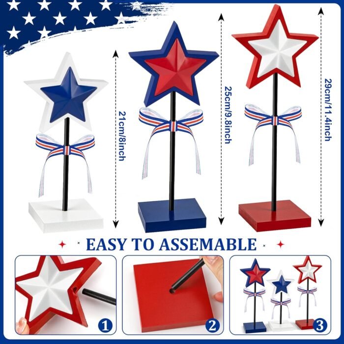 3 Pieces 4th of July Tiered Tray Decor Wood Star Set, Memorial Day Table Decorat... - Image 5