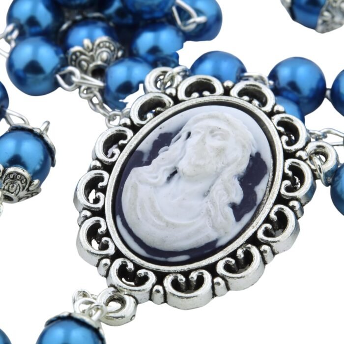 Blue Head of Christ Cameo Rosary, Catholic Antique Glass Prayer Beads, Religious... - Image 3