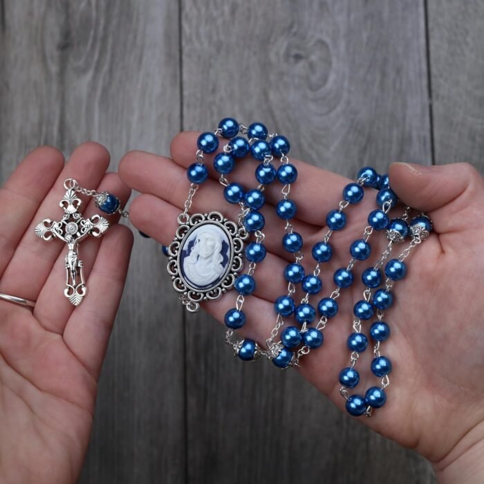Blue Head of Christ Cameo Rosary, Catholic Antique Glass Prayer Beads, Religious... - Image 4