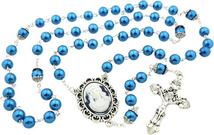 Blue Head of Christ Cameo Rosary, Catholic Antique Glass Prayer Beads, Religious... - Image 6
