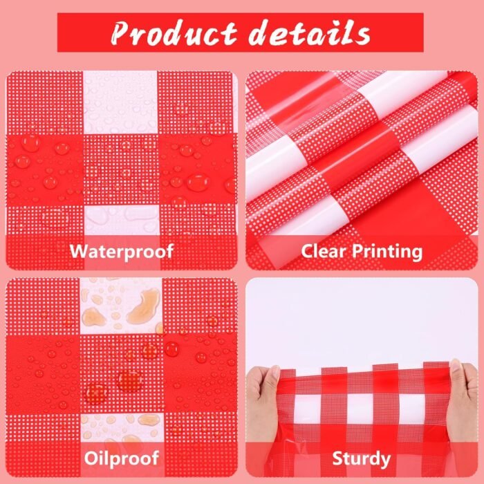 Kesfey Red and White Checkered Tablecloths 3 Packs Red Gingham Plastic Table Clo... - Image 3