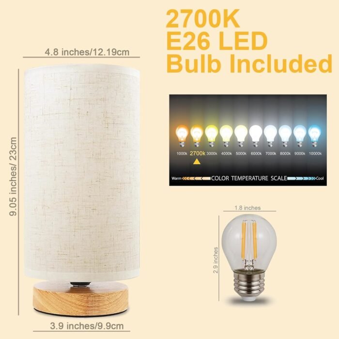 Small Bedside Table Lamp for Bedroom, Minimalist Wood Base & Round Fabric Shade,... - Image 4