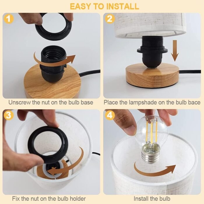 Small Bedside Table Lamp for Bedroom, Minimalist Wood Base & Round Fabric Shade,... - Image 5