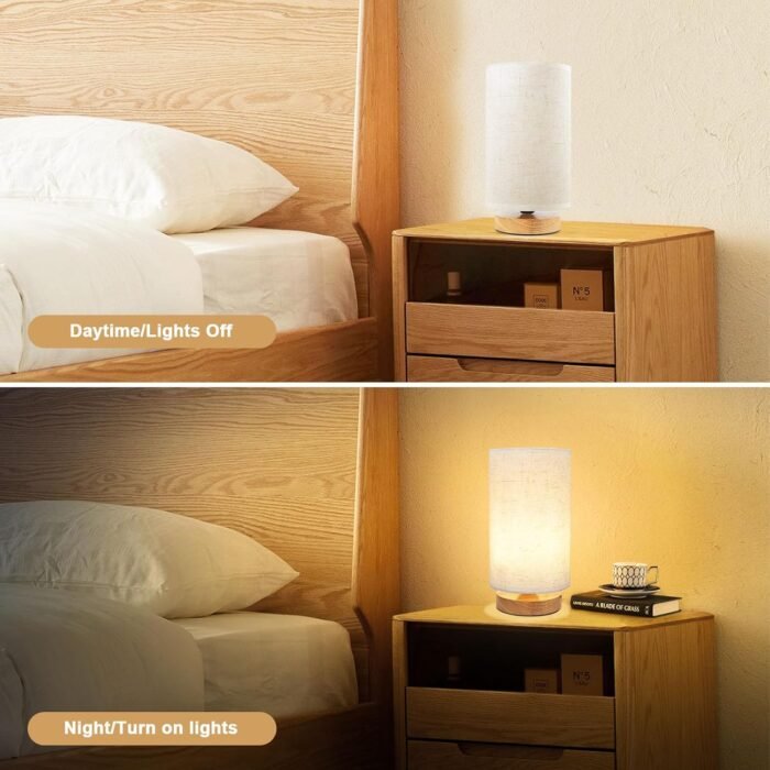 Small Bedside Table Lamp for Bedroom, Minimalist Wood Base & Round Fabric Shade,... - Image 6
