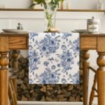 Artoid Mode Spring Navy Blue Floral Chinoiserie Table Runner, Seasonal Summer Ki... - Image 3