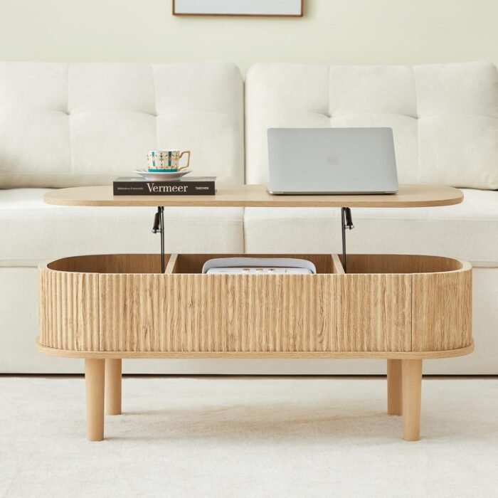 Fluted Lift Top Coffee Table with Hidden Compartment, Fully Assembled Wooden Cen... - Image 8