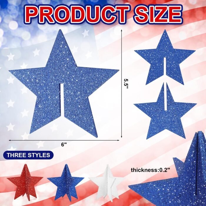 6 Inch Labor Day Decorations Wooden Stars Set, 3D Glitter Star Memorial Day Tier... - Image 3