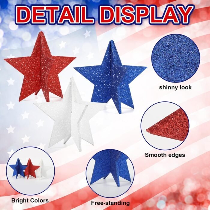 6 Inch Labor Day Decorations Wooden Stars Set, 3D Glitter Star Memorial Day Tier... - Image 4