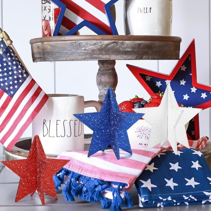 6 Inch Labor Day Decorations Wooden Stars Set, 3D Glitter Star Memorial Day Tier... - Image 5