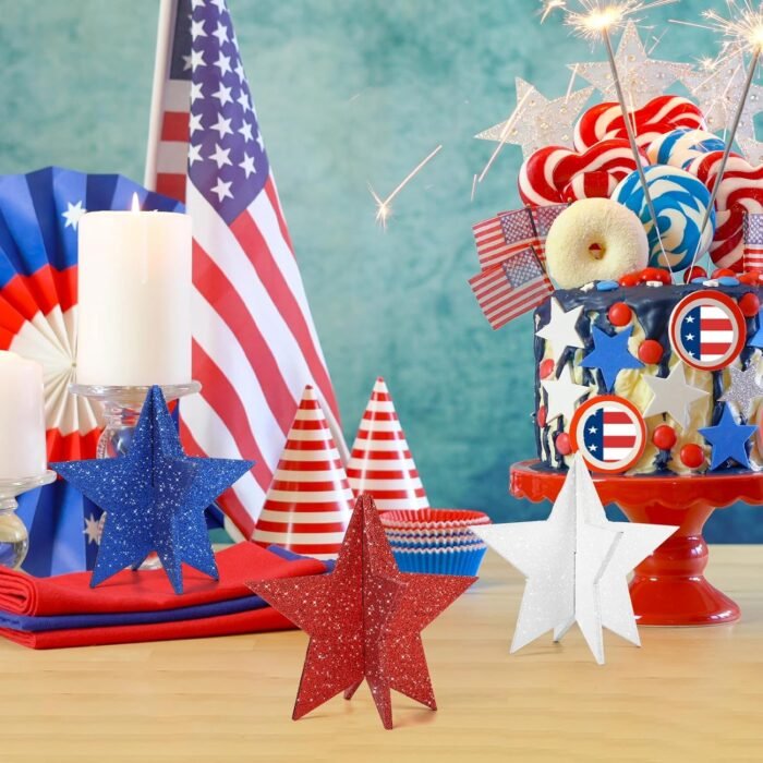 6 Inch Labor Day Decorations Wooden Stars Set, 3D Glitter Star Memorial Day Tier... - Image 6