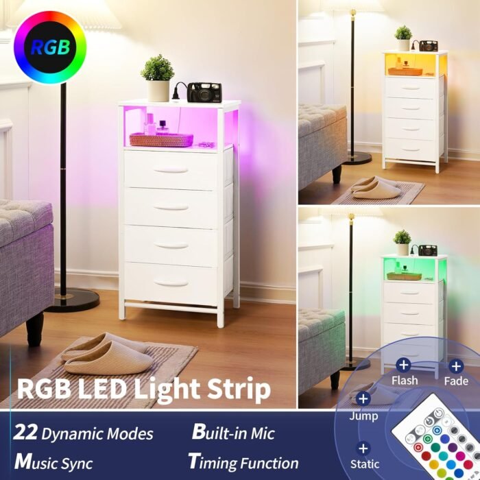 Yoobure Night Stand - LED White Nightstand with Charging Station, Bedside Table ... - Image 5